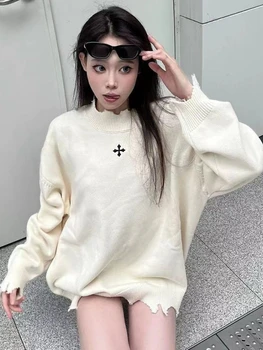 Deeptown Harajuku Гранжевые свитера с перекрестными вставками Женские винтажные вязаные джемпера Kpop с рваными отверстиями, повседневный пуловер оверсайз, уличная одежда Y2K