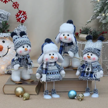 Dekorasi Natal baru boneka manusia salju kain biru hadiah anak-anak Tahun Baru boneka salju ayunan ski lucu manusia salju Natal
