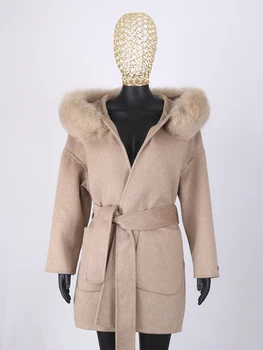 FURYOUME Осень-зима, 100% Шерстяное пальто для женщин, воротник из натурального лисьего меха, куртка с капюшоном, Длинная модная свободная верхняя одежда Casaco с поясом