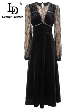 LD LINDA DELLA Осеннее Модное Дизайнерское платье в новом стиле, Женское черное Открытое Кружевное платье с пайетками, расшитое бисером