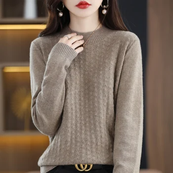 Весенне-осенний новый женский пуловер из 100% шерсти, кашемировый свитер с круглым вырезом, вязаное однотонное пальто корейской моды.