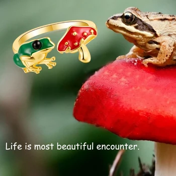 Грибное кольцо, Зеленая Лягушка-Красные Грибные Открытые кольца, Винтажные Красочные Регулируемые кольца с животными, Персонализированный Ювелирный Подарок.