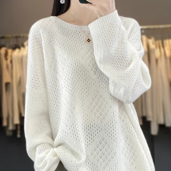 Европейский и американский тренд, 100% шерстяной выдолбленный женский свитер с круглым вырезом и длинными рукавами, вязаный FRSEUCAG, новый женский пуловер