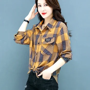 Женская рубашка с длинными рукавами, модные топы в Корейском стиле, Осенняя одежда, клетчатая куртка, Новые пальто, блузки.