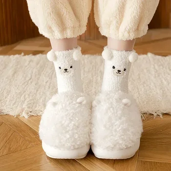 Женские зимние Теплые пушистые носки Home Floor Sleep Kawaii 3D Медведь, милое животное, Толстый флисовый пушистый носок, Японская мода, Корейский стиль
