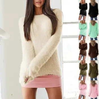 Женский свитер, однотонный Мягкий Пушистый свитер, Джемпер с неправильным подолом, вязаный пуловер, модный женский вязаный топ для повседневной носки