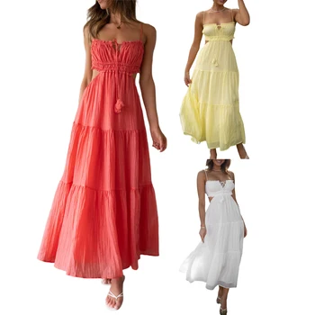 Женское длинное платье для вечеринки, летняя одежда 2023, Однотонное модное платье-слинг на завязках, без рукавов, с открытой спиной, Сексуальное клубное платье