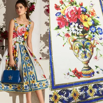 Итальянская роскошная брендовая ткань с принтом в форме цветка, Ручная роспись, серия ваз, цифровая теплопередающая ткань для пошива платья
