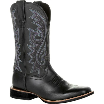 Ковбойские сапоги в западном стиле, Черно-коричневая Зимняя обувь из искусственной кожи, Мужские ботинки в стиле ретро С вышивкой, Мужские ботинки до середины икры, Большие размеры 48 Botas