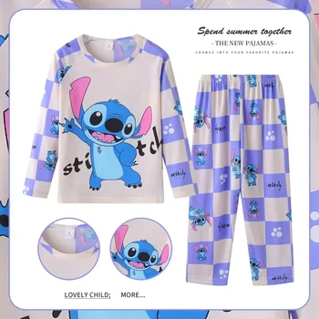 Комплекты одежды для пижам для мальчиков и девочек Disney Stitch, 2шт, Детская домашняя одежда с длинным рукавом + брюки, ночная рубашка в стиле аниме Стич, подарки