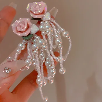 Корейские модные висячие серьги из розовой смолы с жемчужной кисточкой и цветочным узором для женщин, роскошные ювелирные украшения Super Fairy Fresh.