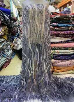 Кружевная ткань с вышивкой бисером и перьями, французское кружевное свадебное платье, расшитое тюлевой тканью ZH-1308529