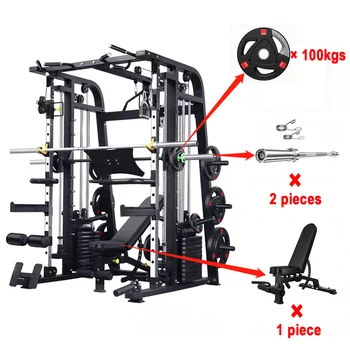 Многофункциональная стойка для тренажера Smith Machine + противовесы весом 120 кг + весовые пластины весом 100 кг + Скамья