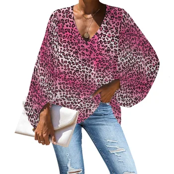 Модные шифоновые рубашки с V-образным вырезом и длинным рукавом с сублимационным персонализированным принтом, осенние повседневные Свободные женские блузки с леопардовым принтом, топы