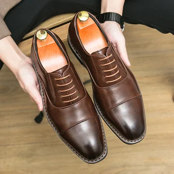 Мужские Модельные Туфли Свадебные Коричневые Туфли-Оксфорды в стиле Дерби Ручной работы для Мужчин, Черные Деловые Туфли на шнуровке с Квадратным Носком