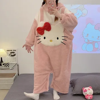 Мультяшная Милая Пижама Hello Kitty Kuromi Cinnamoroll, Цельная Пижама, Женская Осенне-Зимняя Коралловая Плюшевая Утолщенная Теплая Домашняя Пижама