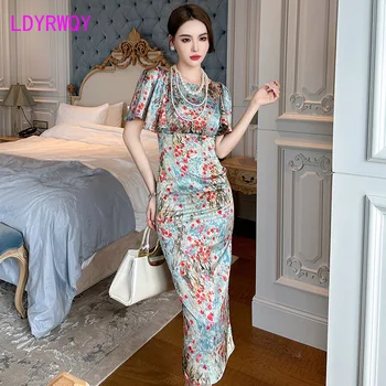 Новое летнее женское платье в винтажном китайском стиле с круглым вырезом и рукавами-пузырями, с принтом тушью, облегающее платье