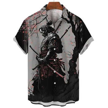 Новые японские рубашки для мужчин, гавайские рубашки, одежда 3D Ghost Samurai, топы с короткими рукавами, уличная одежда Harajuku, мужская летняя одежда