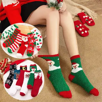 Осенне-зимние Рождественские Коралловые бархатные носки для женщин, средняя трубка, утепленные носки для сна с изображением Лося и Санта-Клауса, домашние носки для пола
