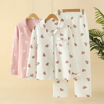 Осенне-зимние хлопковые пижамы для отдыха с лацканами, Милые Простые пижамы с длинными рукавами и брюками, Женские пижамы из термостойкой сэндвич-ткани