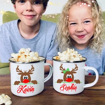Персонализированные чашки с эмалью оленя, Пользовательское название, Рождественская Кружка с горячим какао и шоколадом, Кружки с молочными ручками, Рождественские подарки для детей