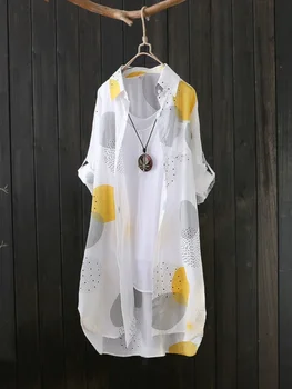 Плюс размер Свободная блузка с принтом, Женская хлопчатобумажная рубашка, женская осенняя блузка средней длины с длинными рукавами, повседневная зимняя рубашка в Корейском стиле