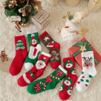 Рождественские носки со снеговиком и лосем, мягкие мультяшные теплые плюшевые носки Санта-Клауса, носки из кораллового флиса, рождественские носки средней длины