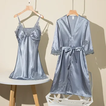 [С накладкой на грудь] пижама женская летняя ночная рубашка из ледяного шелка сексуальная ночная рубашка на подтяжках из двух частей весенне-осенний халат шелковый