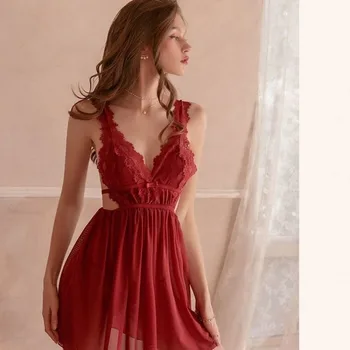 Сексуальное ночное платье большого размера, женское белье, кружевная ночная рубашка с V-образным вырезом, ночная рубашка для леди, пижамы без спинки, Белый, черный, Розовый, красный