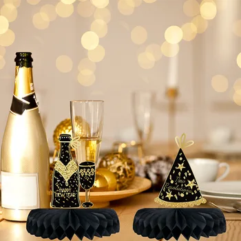Тема Счастливого Нового года 2024 Черный Золотой бумажный 3D орнамент в виде пчелиных сот Настольный домашний декор для детской новогодней вечеринки Supplie