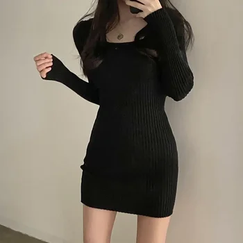 Черное экстремальное мини-женское платье, женские платья, вязаные крючком, короткая одежда с U-образным вырезом, облегающий трикотаж, Чувственная сексуальная распродажа, Корейский стиль Y2k